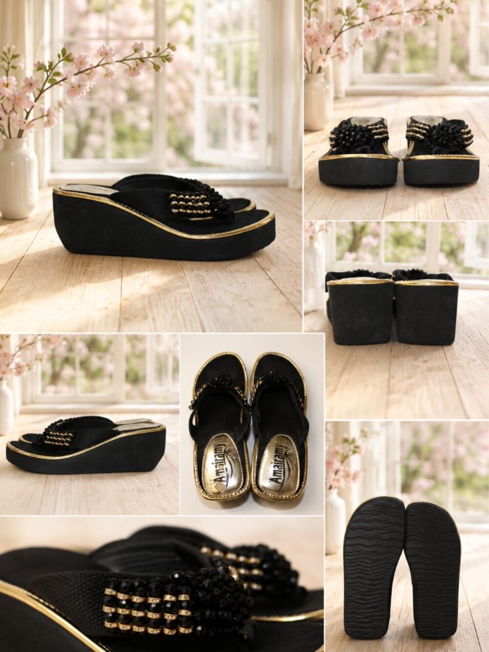 Black Beaded Platform Wedge Flip Flop Sandals Size 7